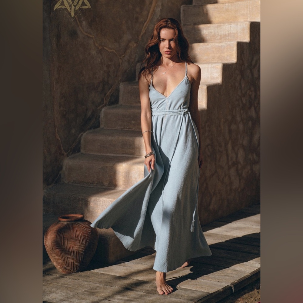 Aya sacred wear Sky Blue Cotton Maxi Dress Hand Embroidered
Bohemian Goddess New